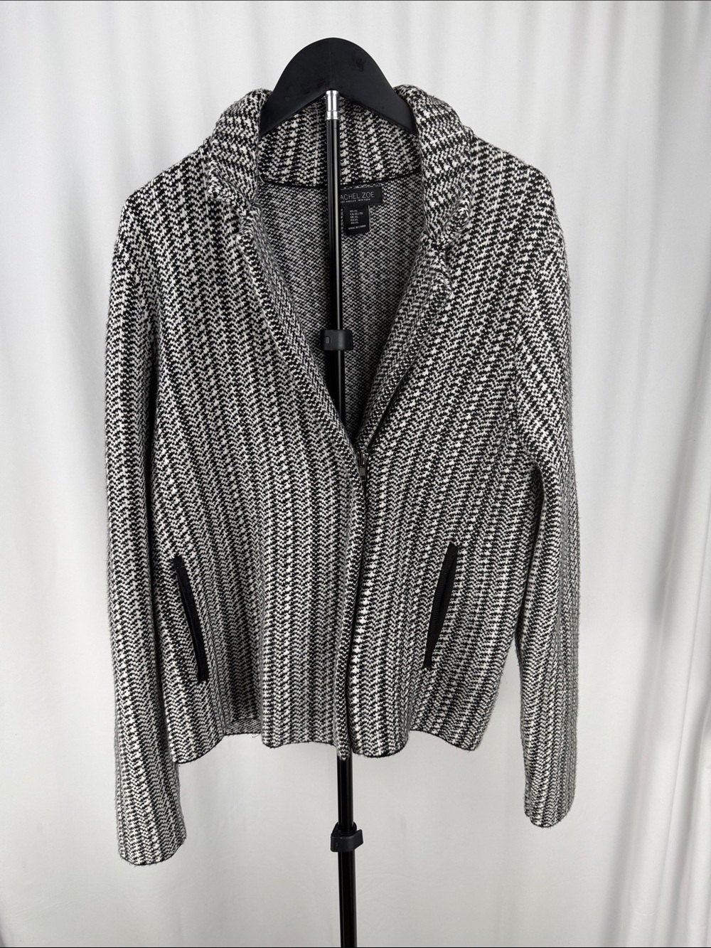 Rachel Zoe Black & White Herringbone Knit Zip Cardigan